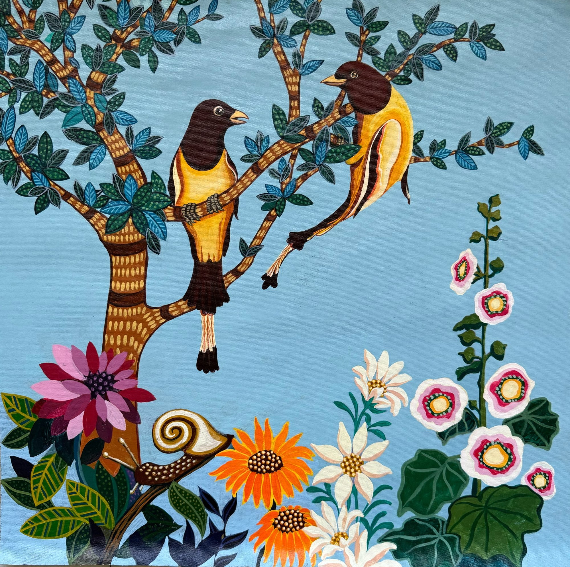 Two birds perched in a flowering tree above snails and bright garden blooms.