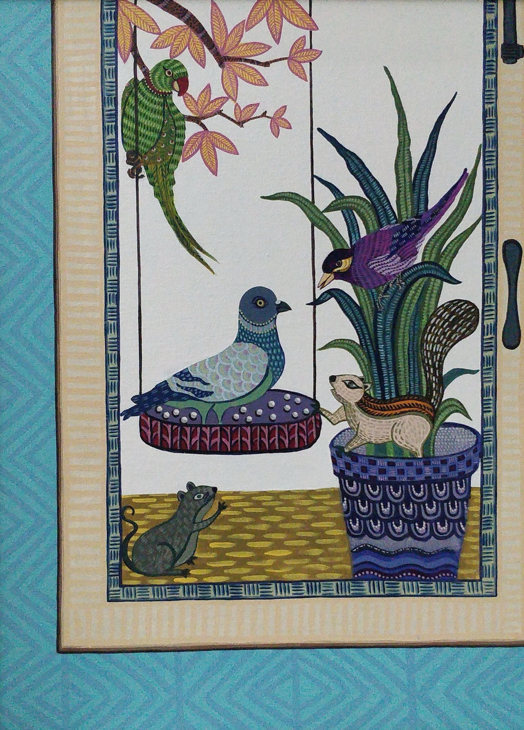 Framed window-like scene with birds, a potted plant, caterpillar and frog.
