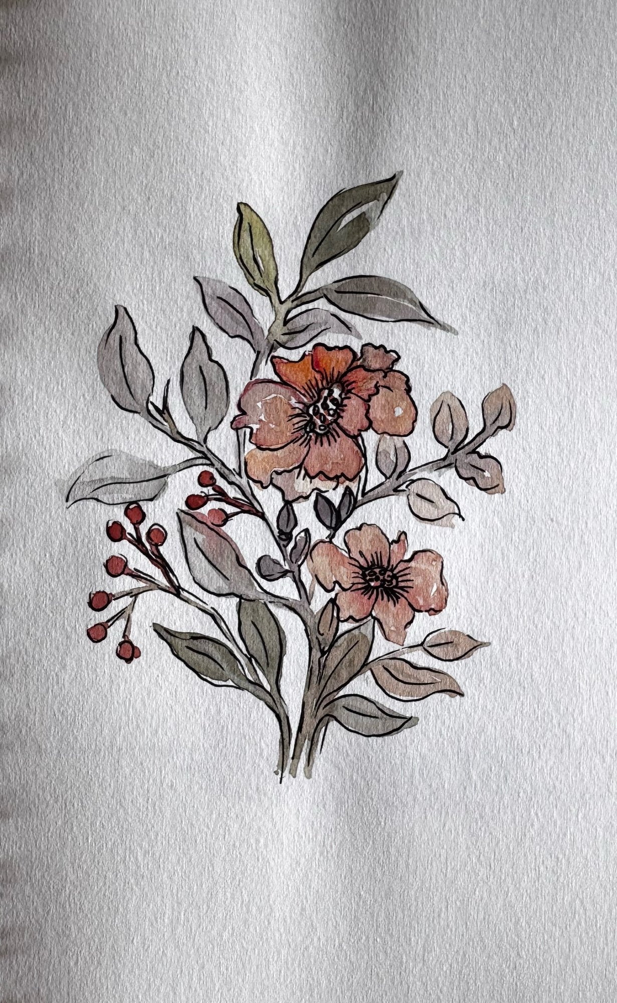 Delicate pink flowers and grey-green leaves arranged as a small botanical sprig.