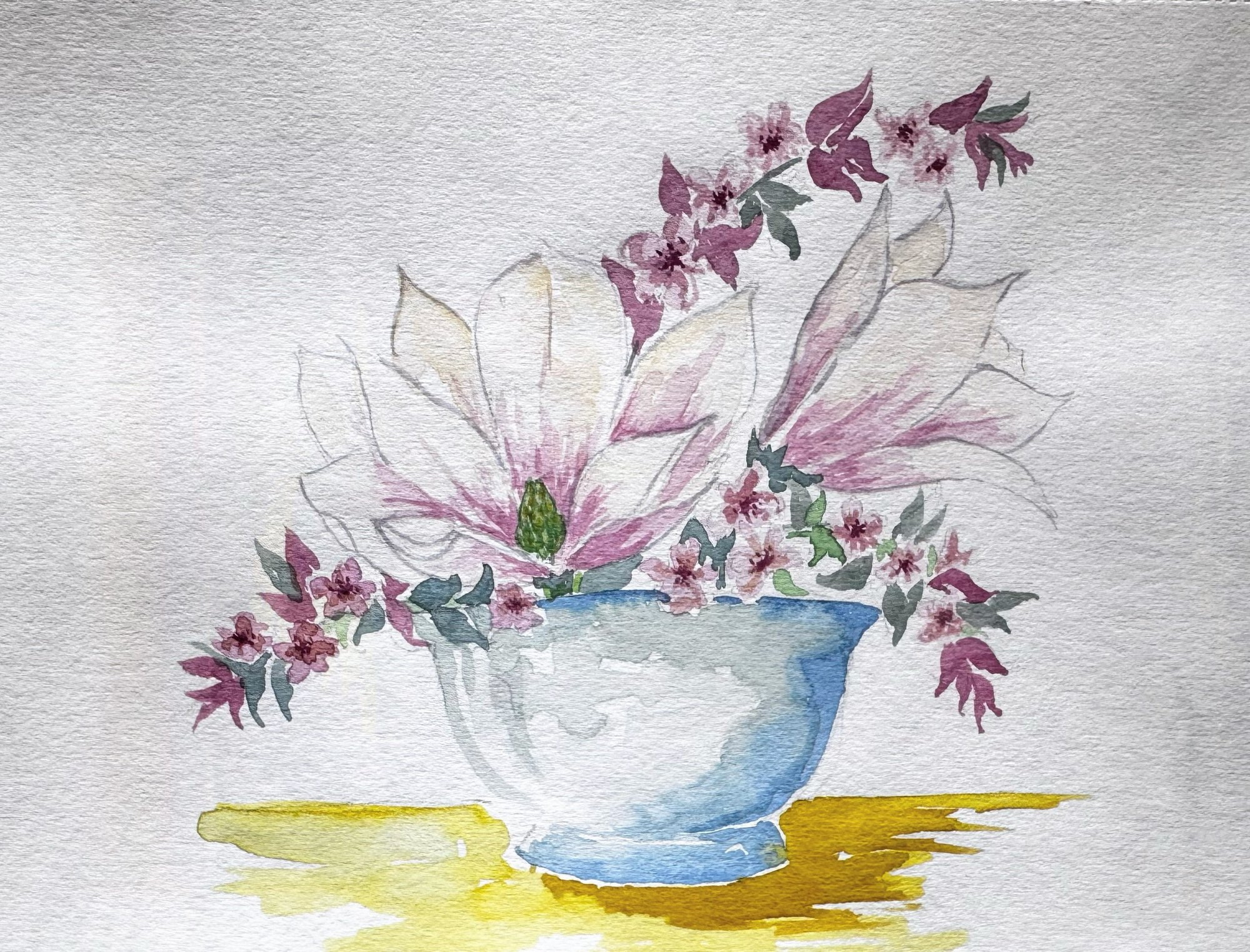 Pale flowers and purple sprigs arranged in a softly painted blue bowl.