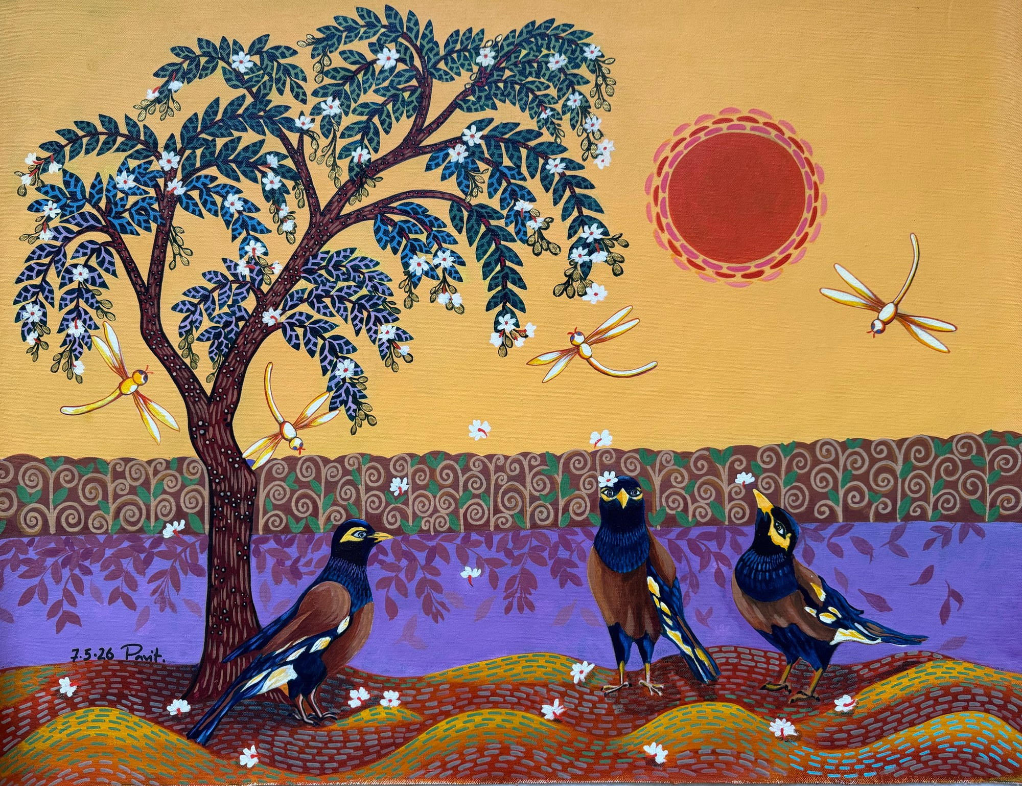 Three dark birds beneath a flowering tree and red sun in a richly patterned landscape.