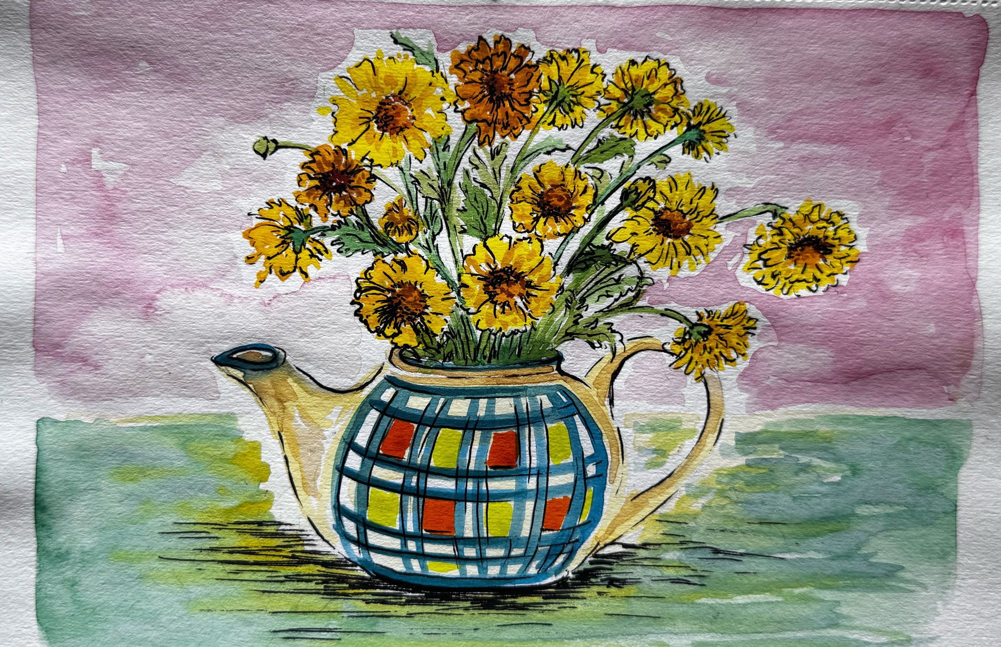 Yellow flowers arranged in a checked kettle against soft pink and green washes.