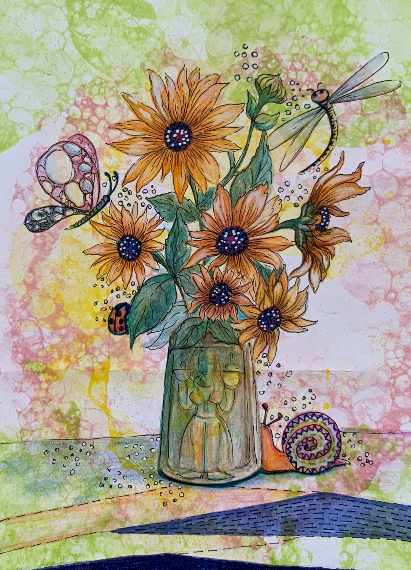 Sunflowers and small insects gathered around a glass bottle on a layered pale ground.