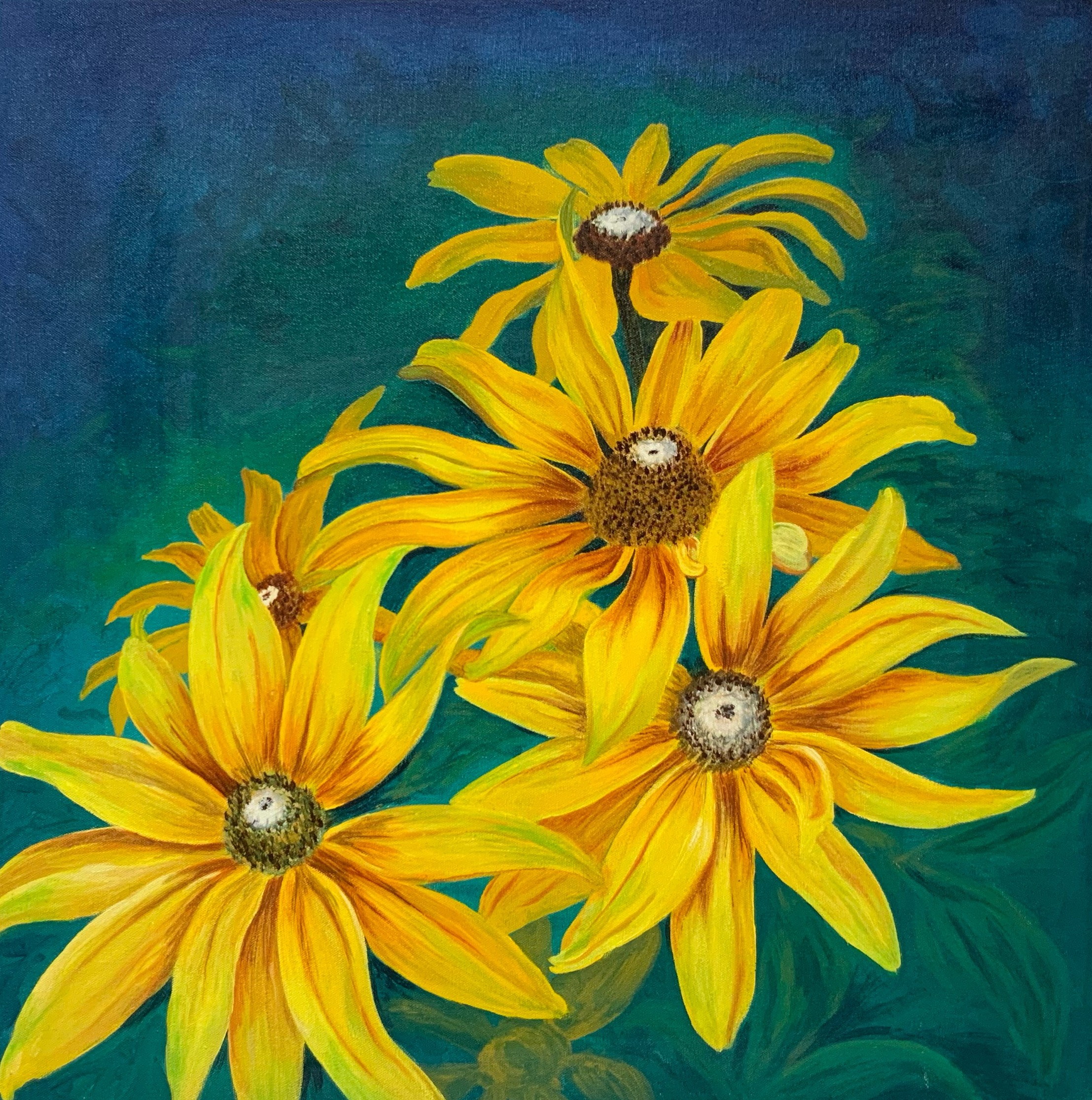 Yellow sunflowers glowing against a deep teal background in a dark frame.