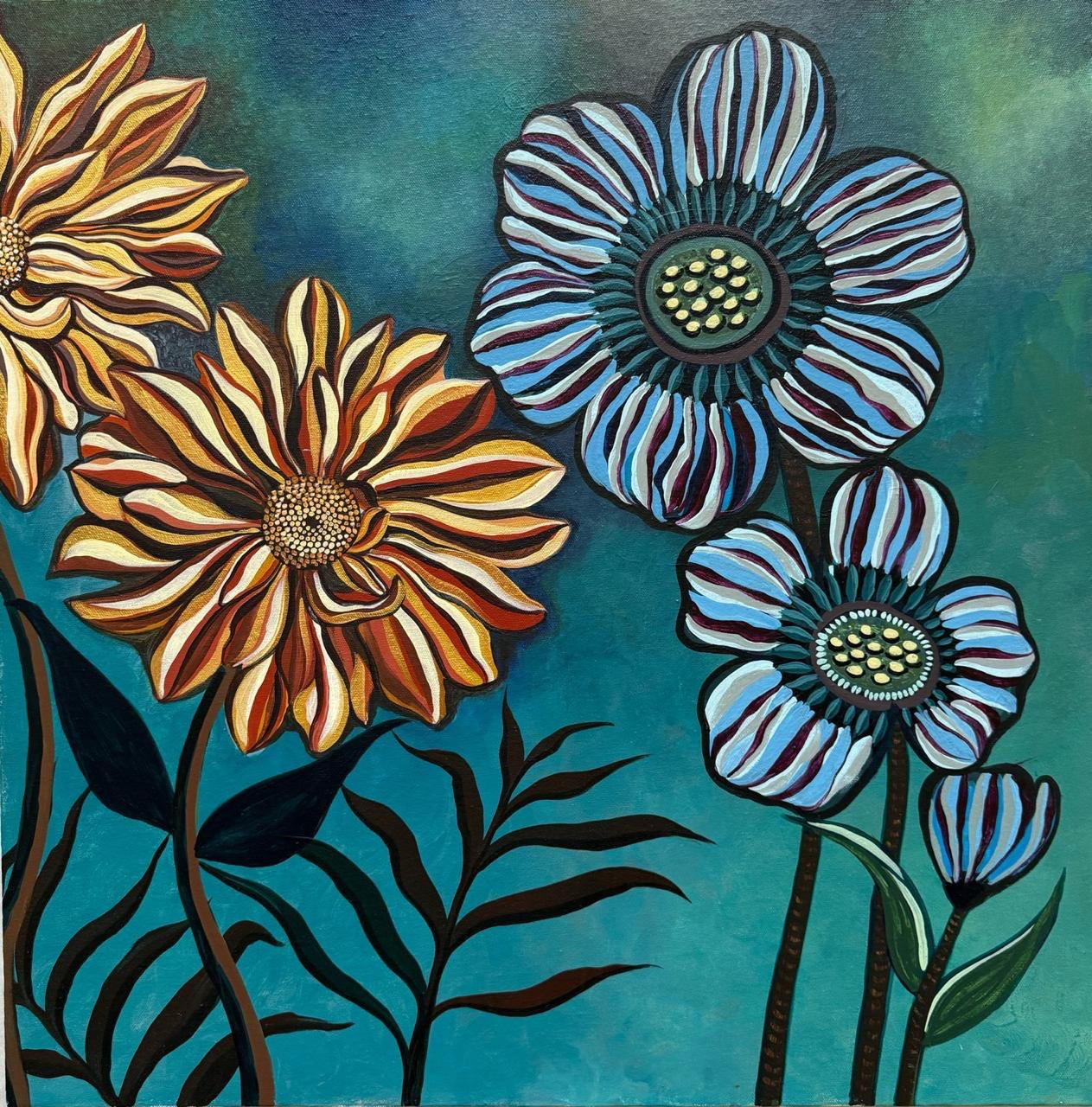 Striped flowers in ochre, blue and white rising against a teal ground.