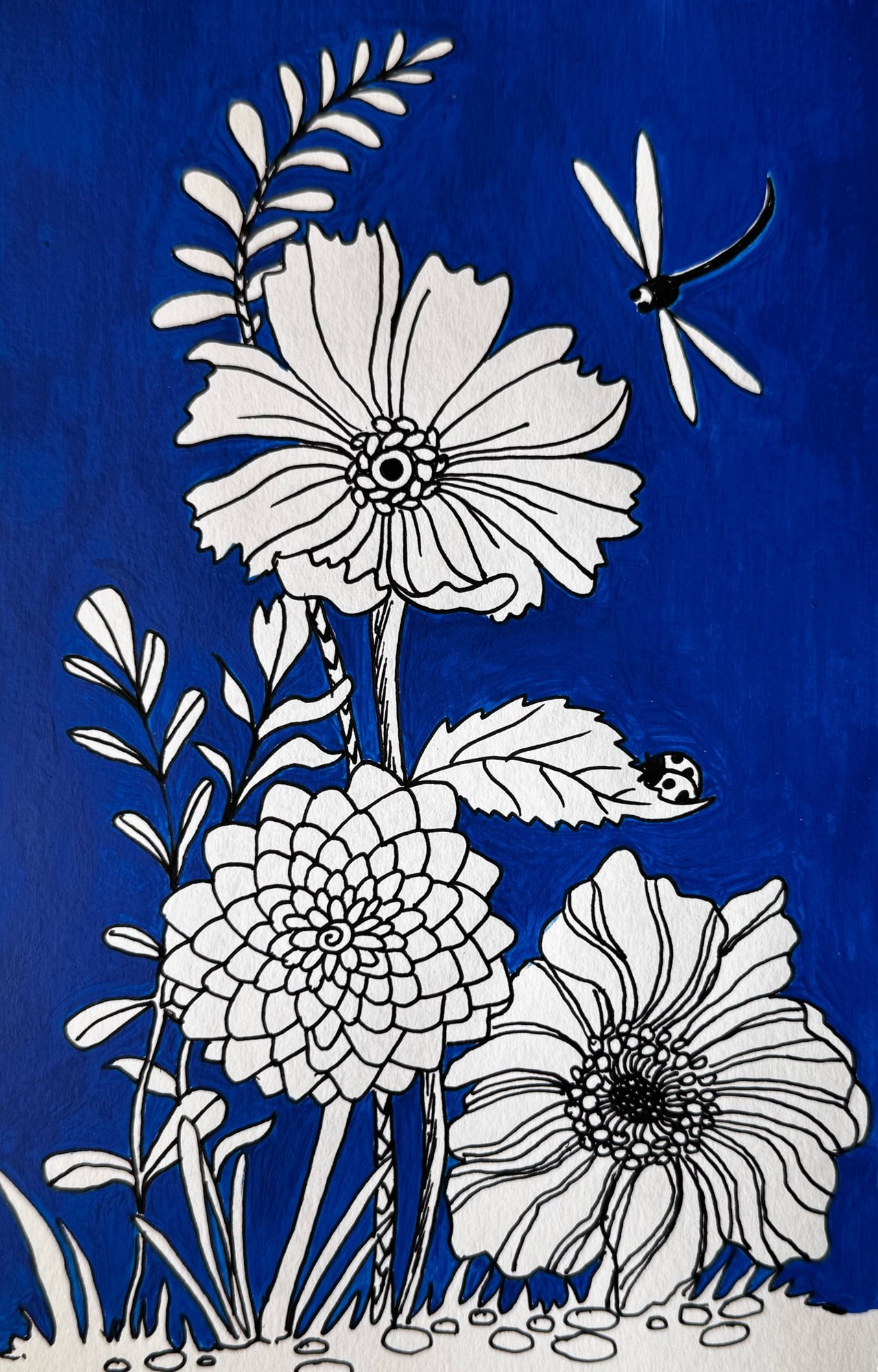 Black-and-white flowers and a dragonfly set against a deep blue ground.