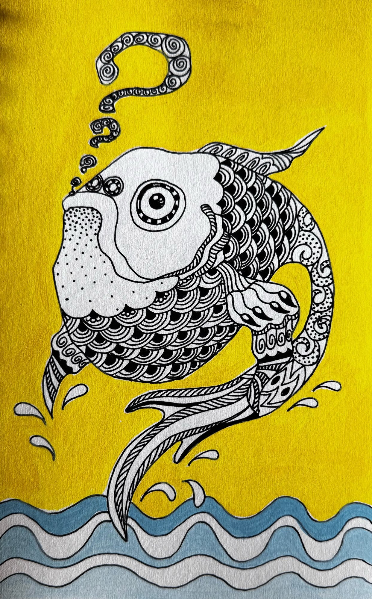 Patterned fish leaping above blue waves against a yellow ground.