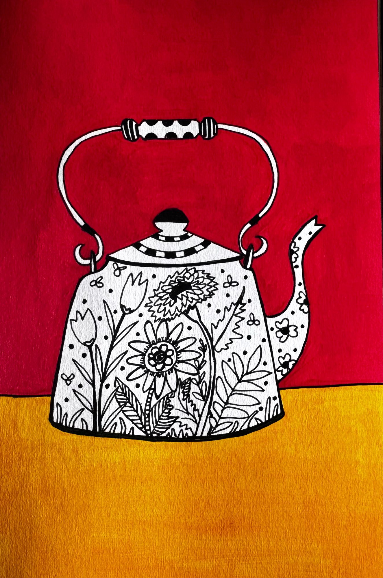 Floral patterned kettle in black and white against red and ochre fields.