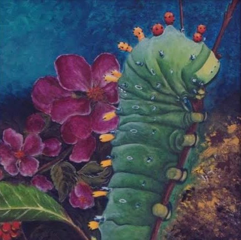 Green caterpillar among deep pink flowers against a textured blue ground.