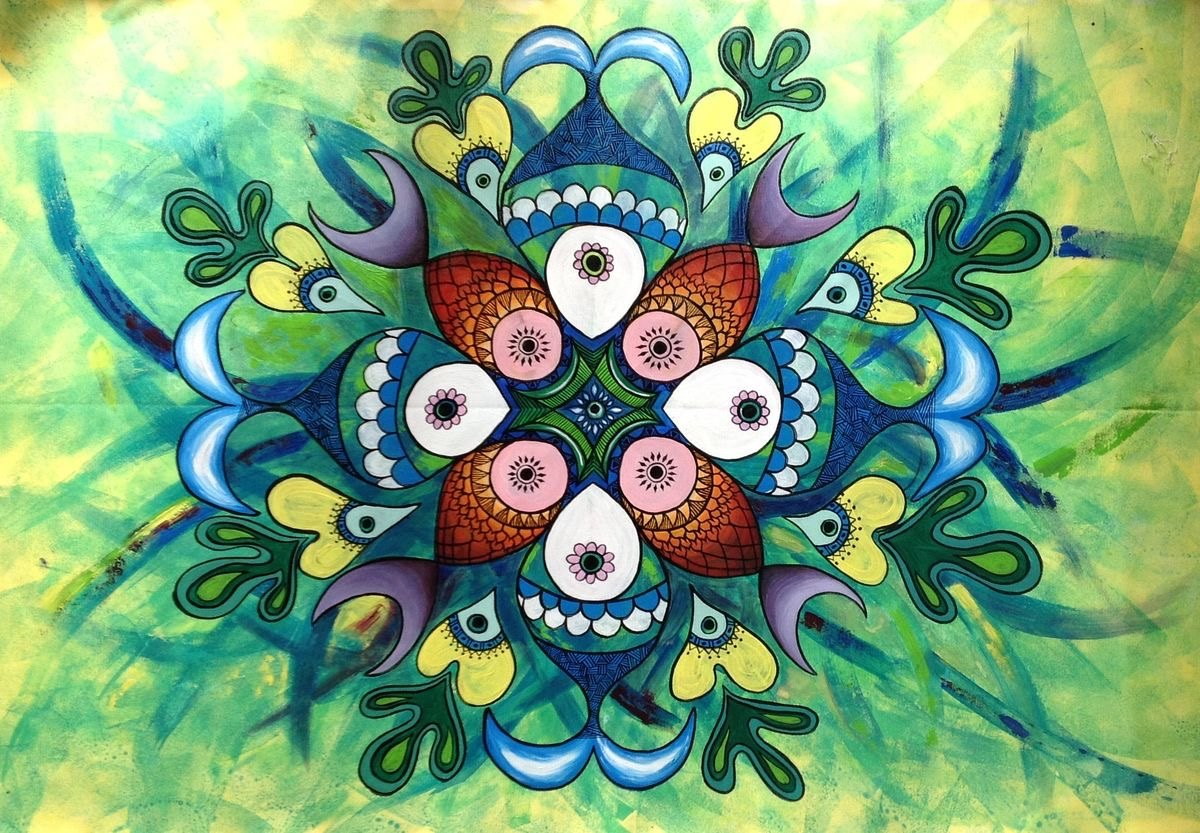 Mirrored cluster of patterned fish arranged like a circular bloom.