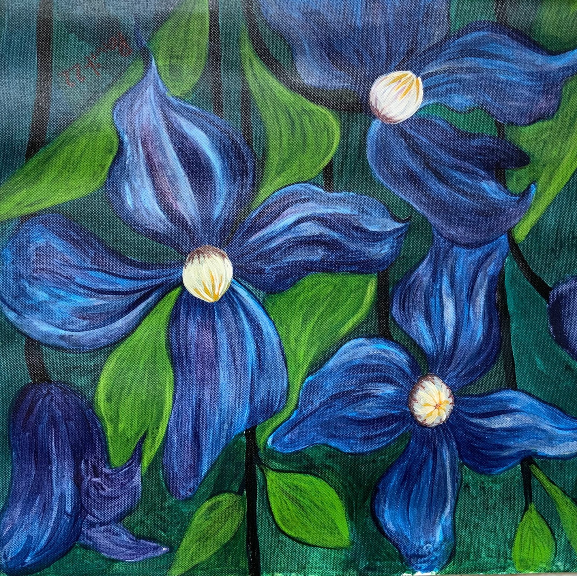 Large blue clematis flowers filling a square canvas.
