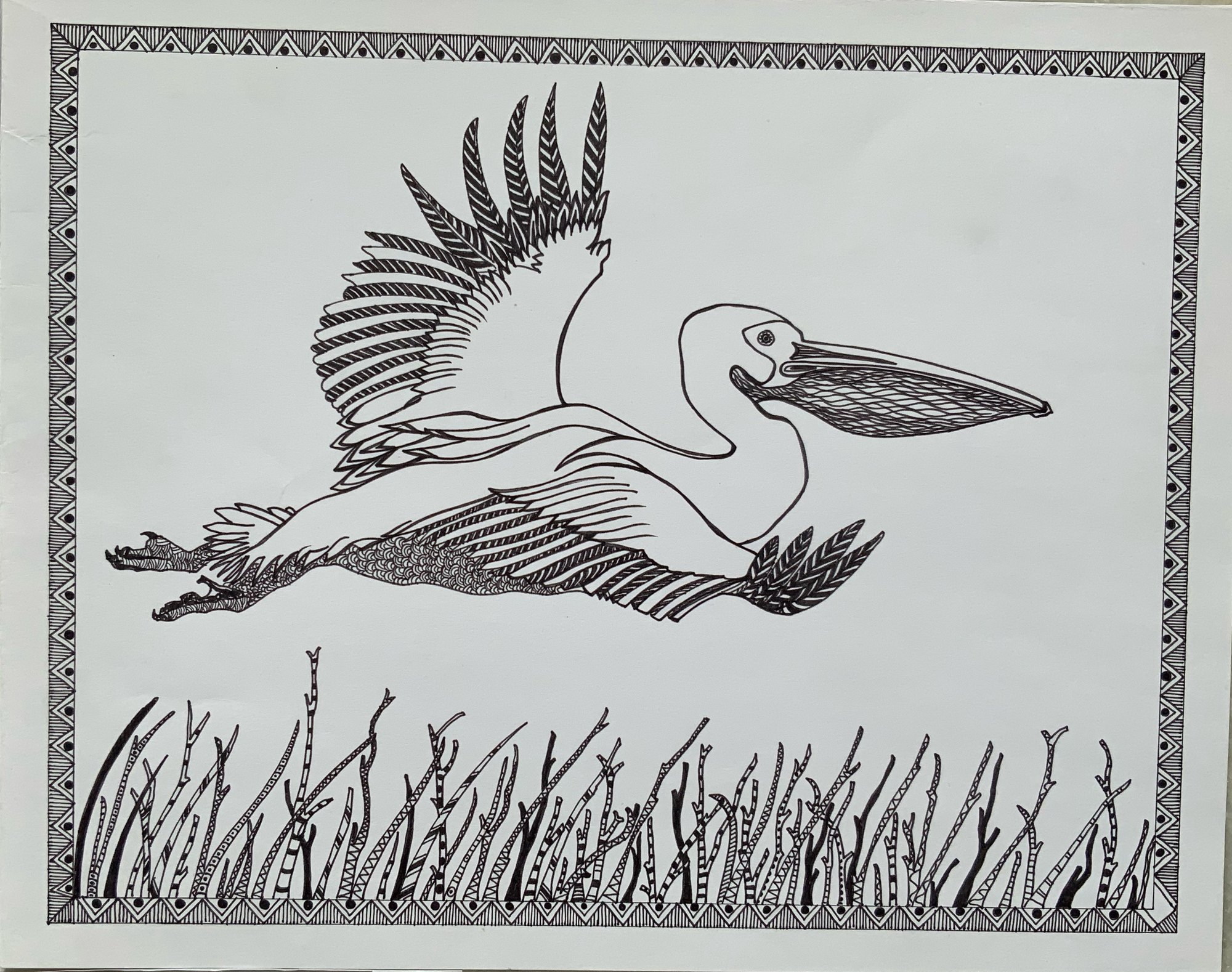 Pen-and-ink study of two water birds in flight above reeds.