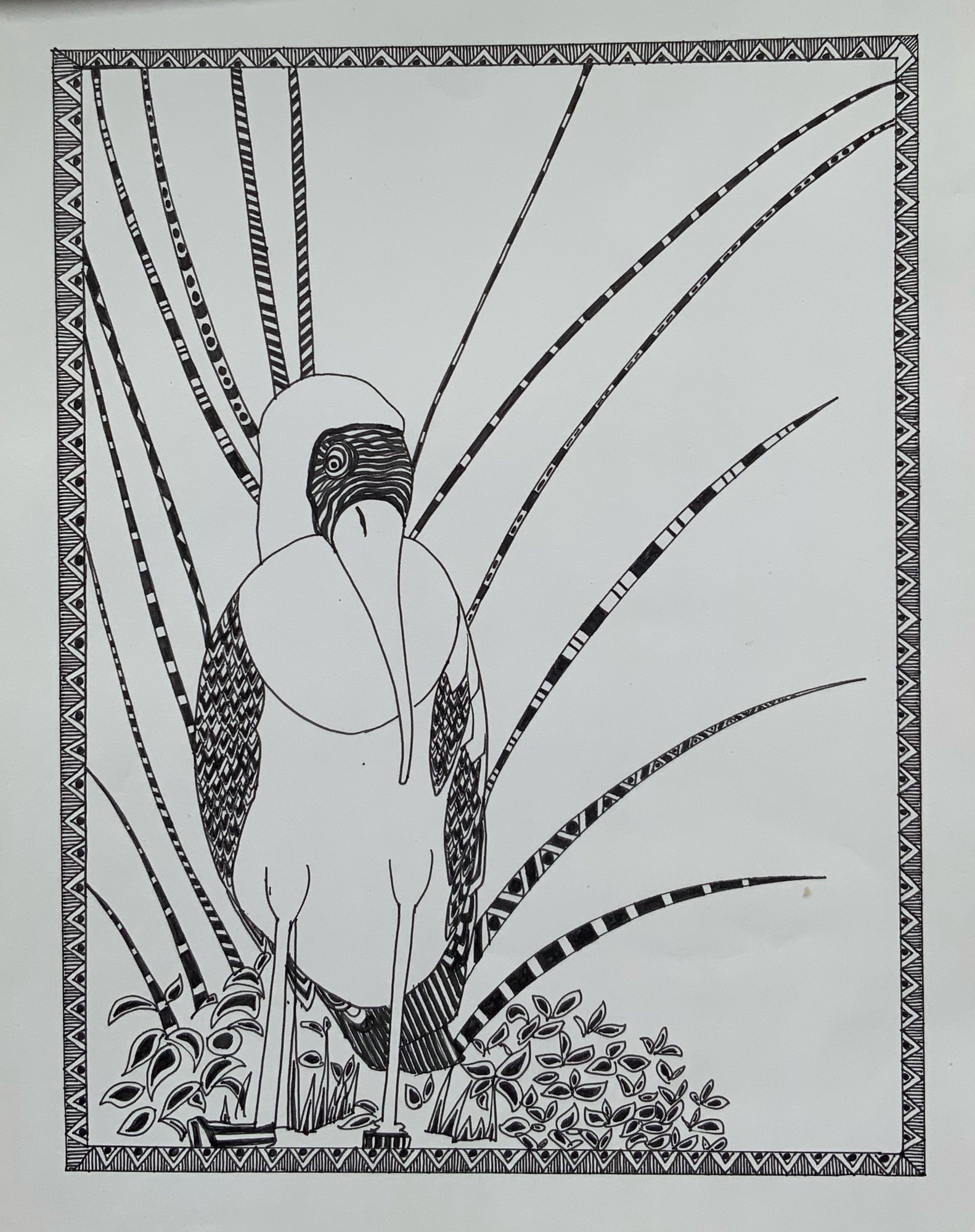 Pen-and-ink study of a bird among tall curving leaves.