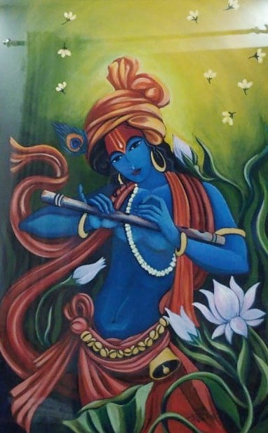 Framed painting of Krishna playing the flute among lotus flowers.
