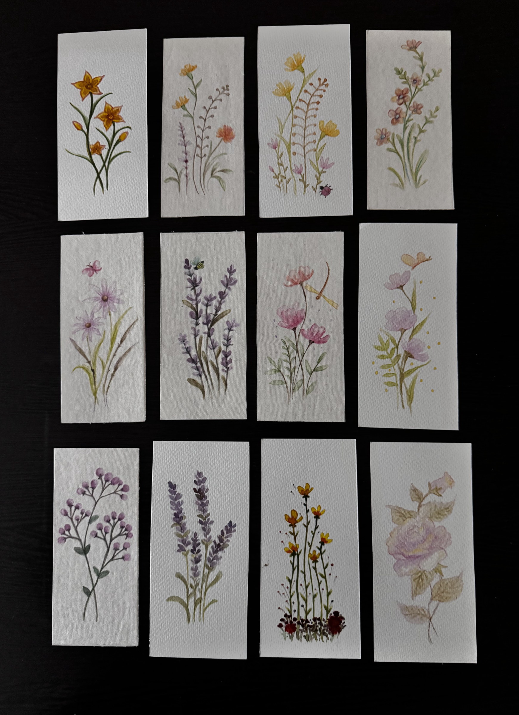 Set of twelve narrow botanical watercolours arranged in a grid.